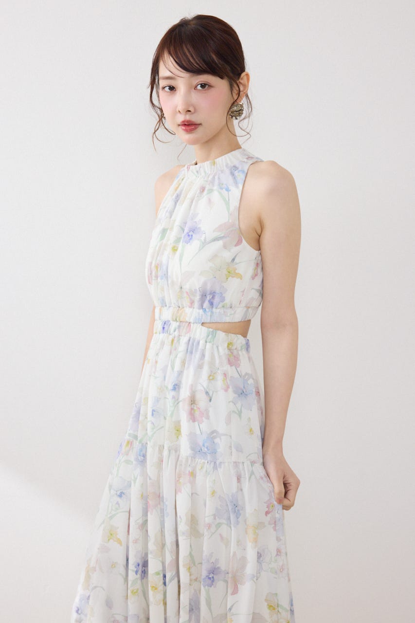 【女神ワンピース】ホルターネックギャザーフレアワンピース 柄WHT S