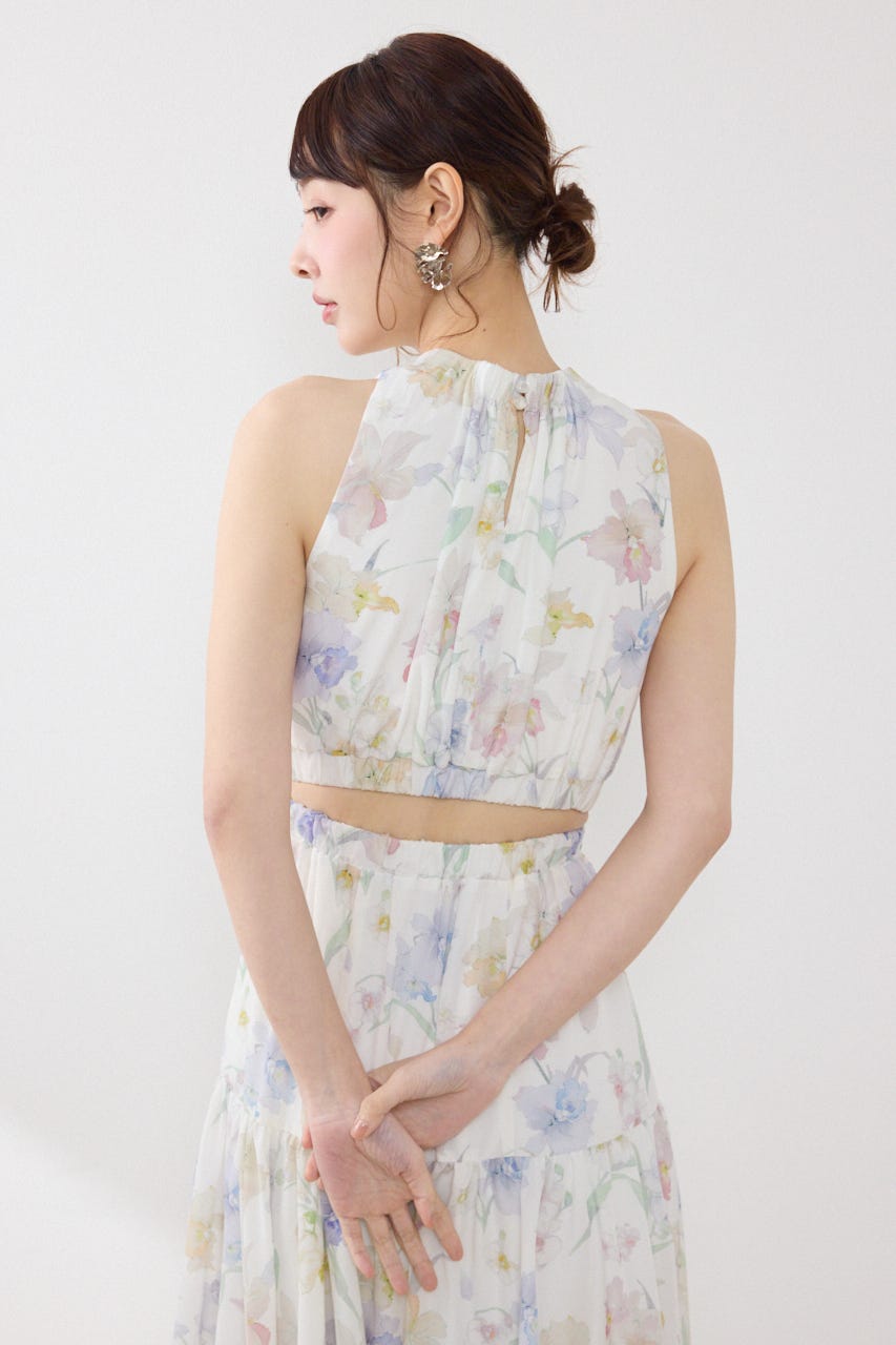 【女神ワンピース】ホルターネックギャザーフレアワンピース 柄WHT S