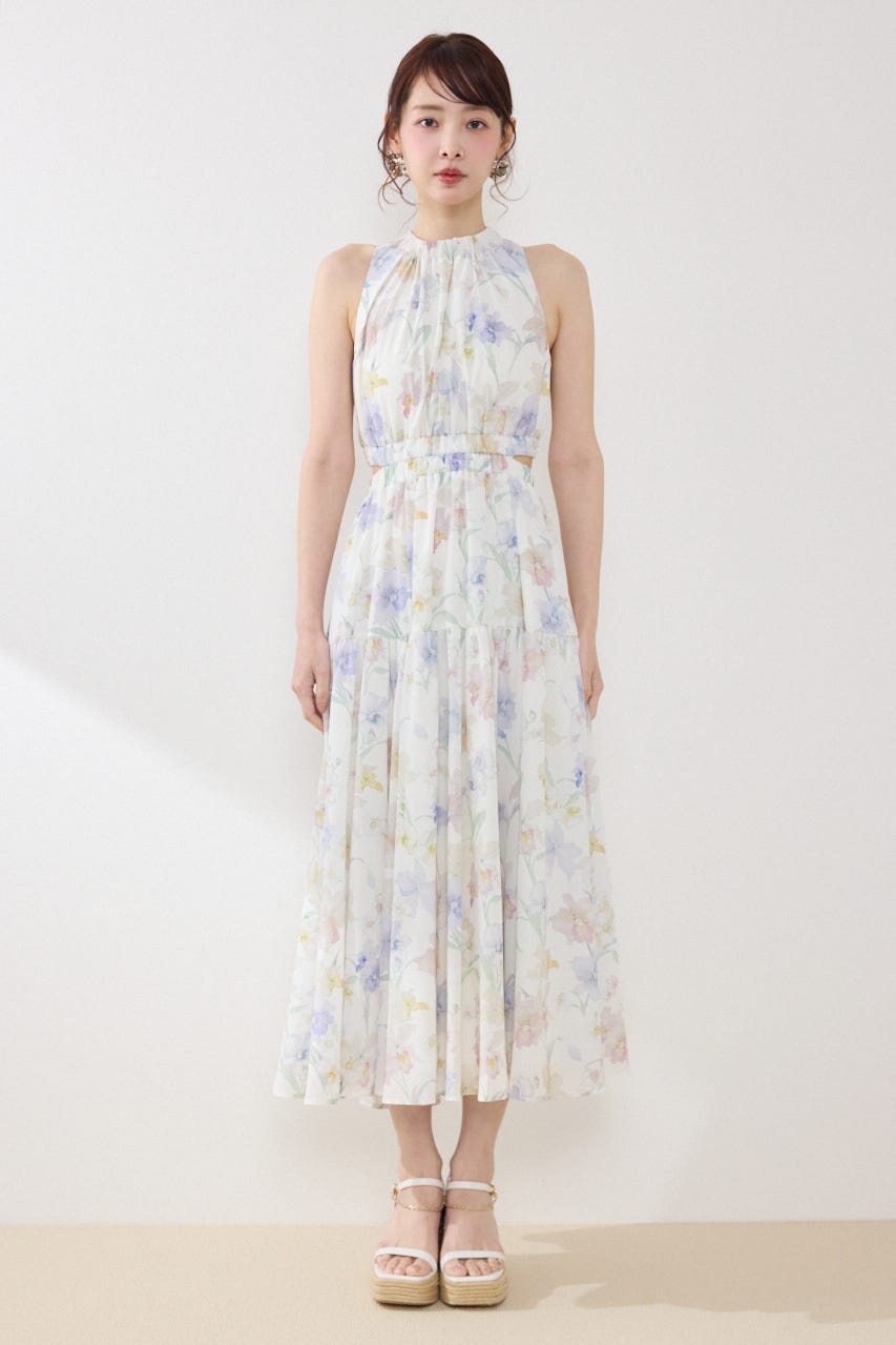 【女神ワンピース】ホルターネックギャザーフレアワンピース 柄WHT S