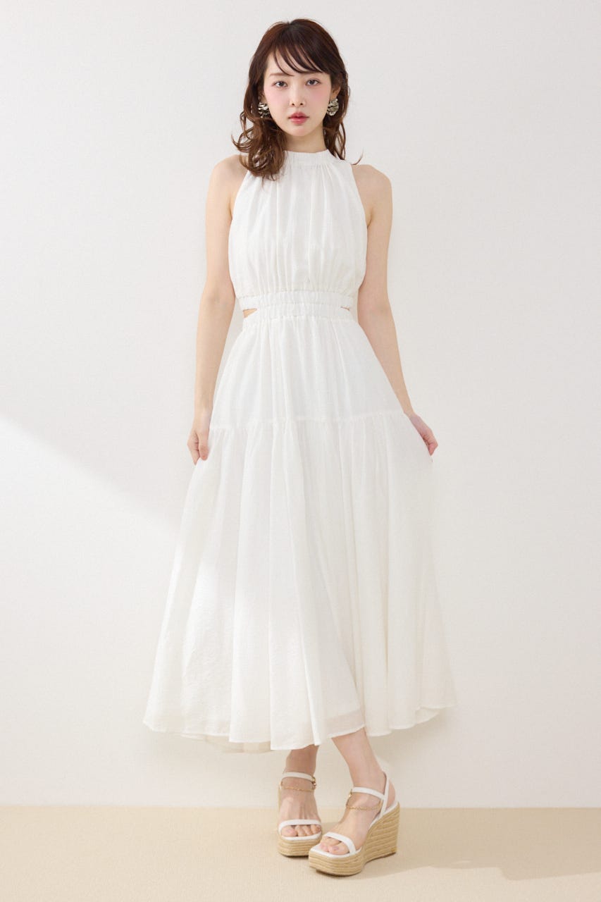 【女神ワンピース】ホルターネックギャザーフレアワンピース IVOY M