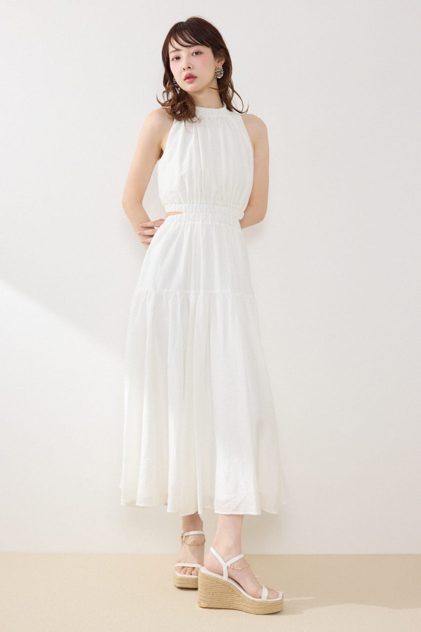 【女神ワンピース】ホルターネックギャザーフレアワンピース IVOY M