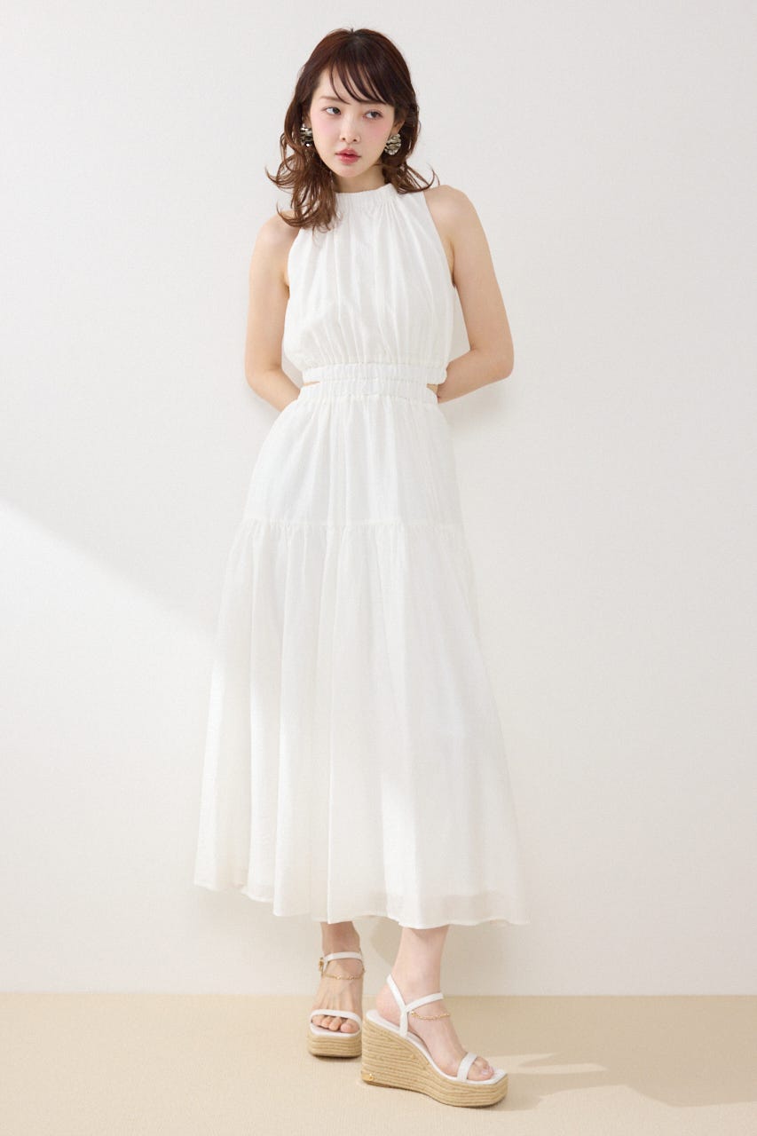 【女神ワンピース】ホルターネックギャザーフレアワンピース IVOY M