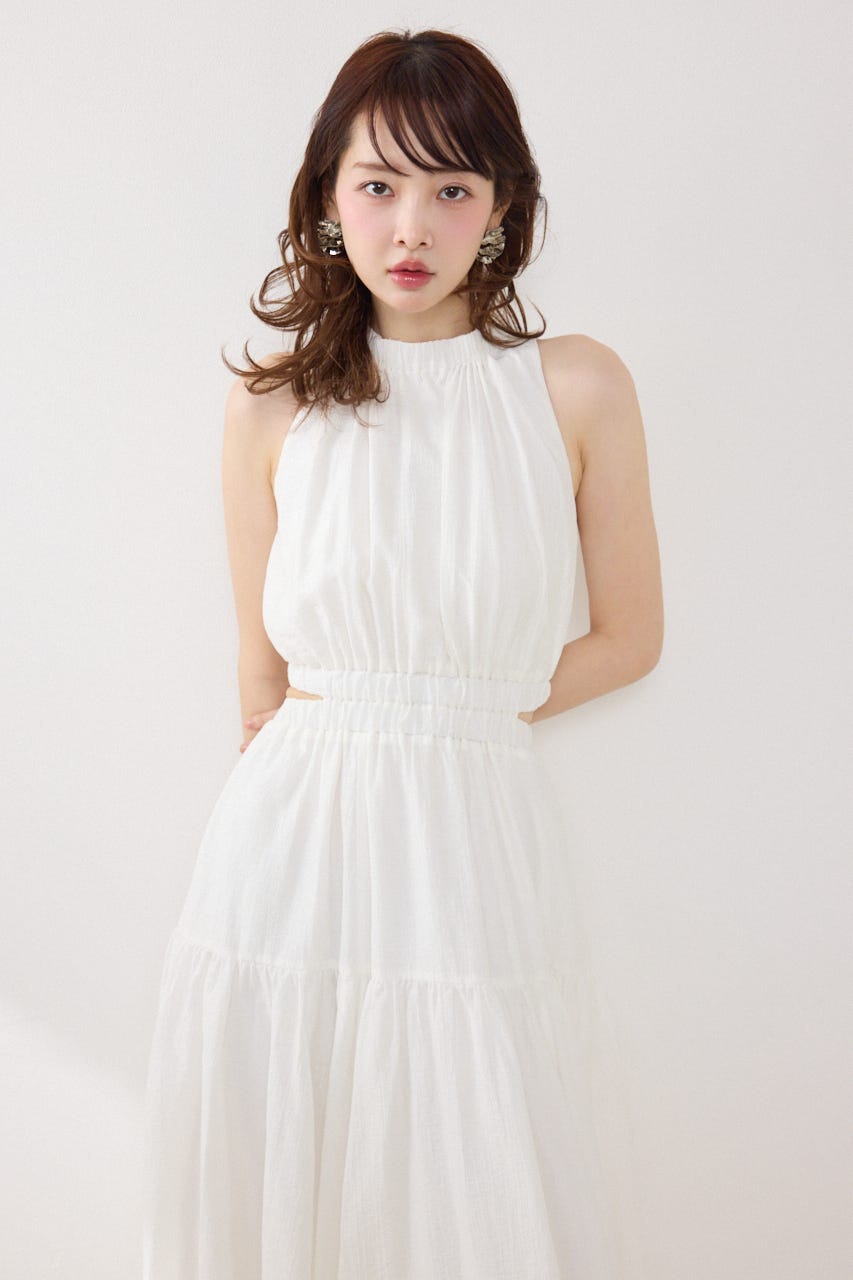 【女神ワンピース】ホルターネックギャザーフレアワンピース IVOY M