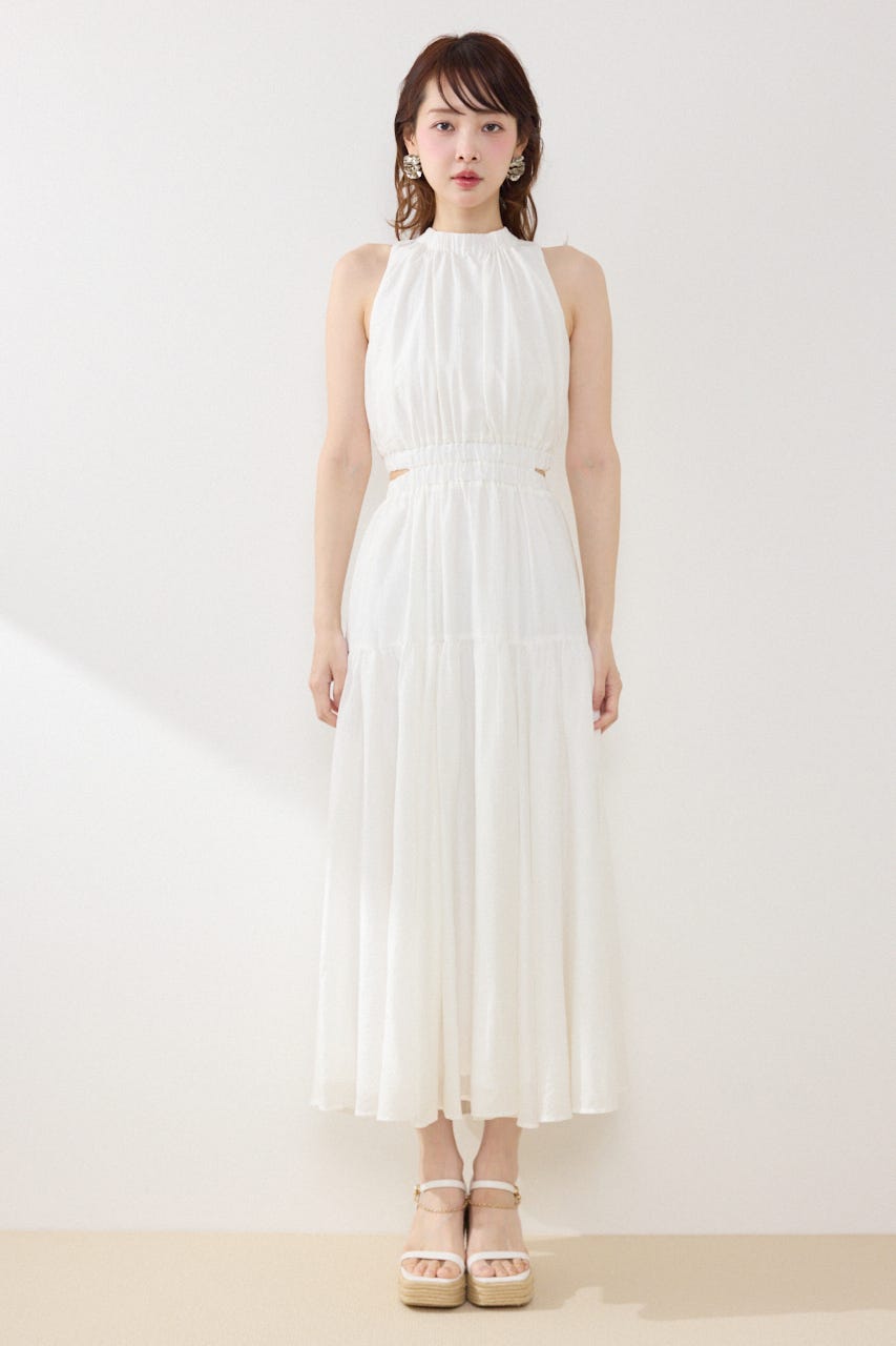 【女神ワンピース】ホルターネックギャザーフレアワンピース IVOY M