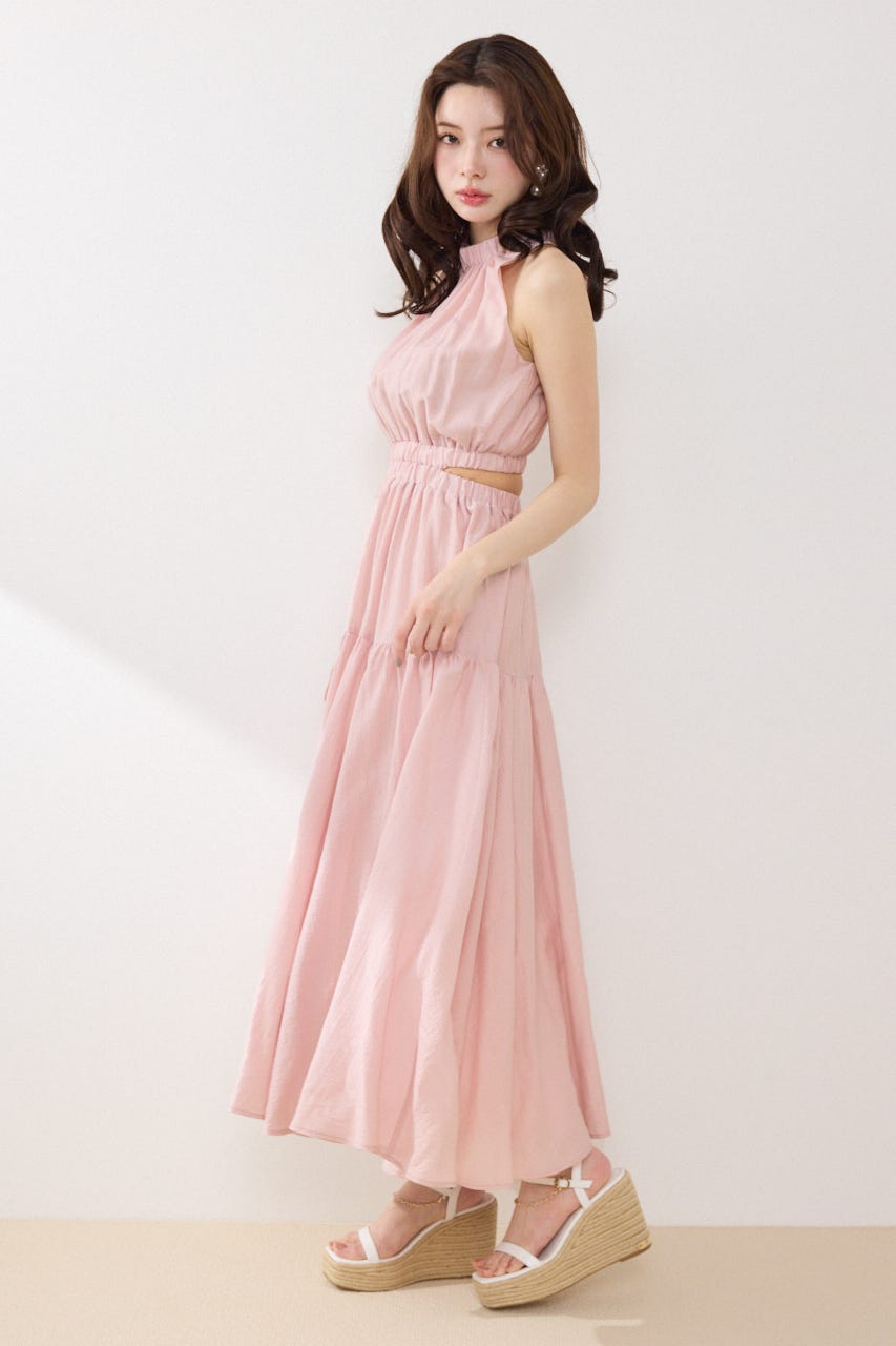 【女神ワンピース】ホルターネックギャザーフレアワンピース PNK S