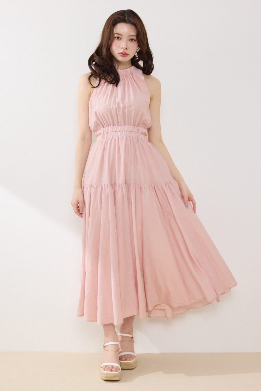 【女神ワンピース】ホルターネックギャザーフレアワンピース PNK S