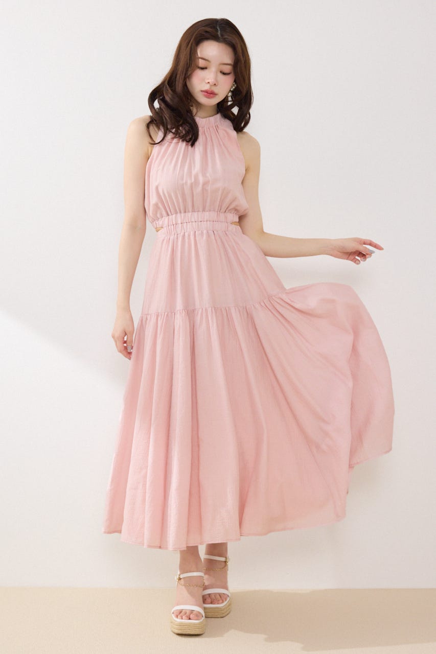 【女神ワンピース】ホルターネックギャザーフレアワンピース PNK S