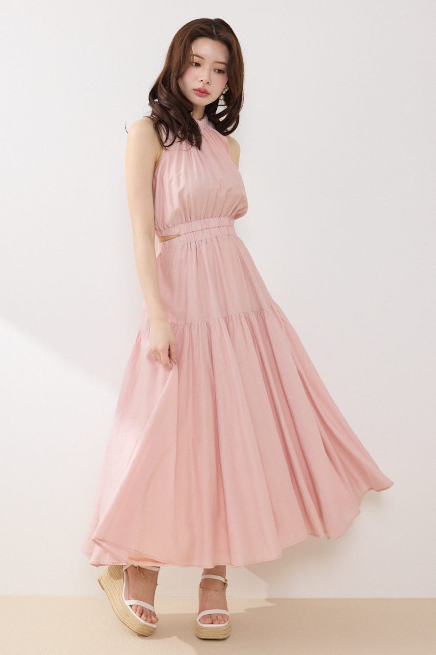 【女神ワンピース】ホルターネックギャザーフレアワンピース PNK S