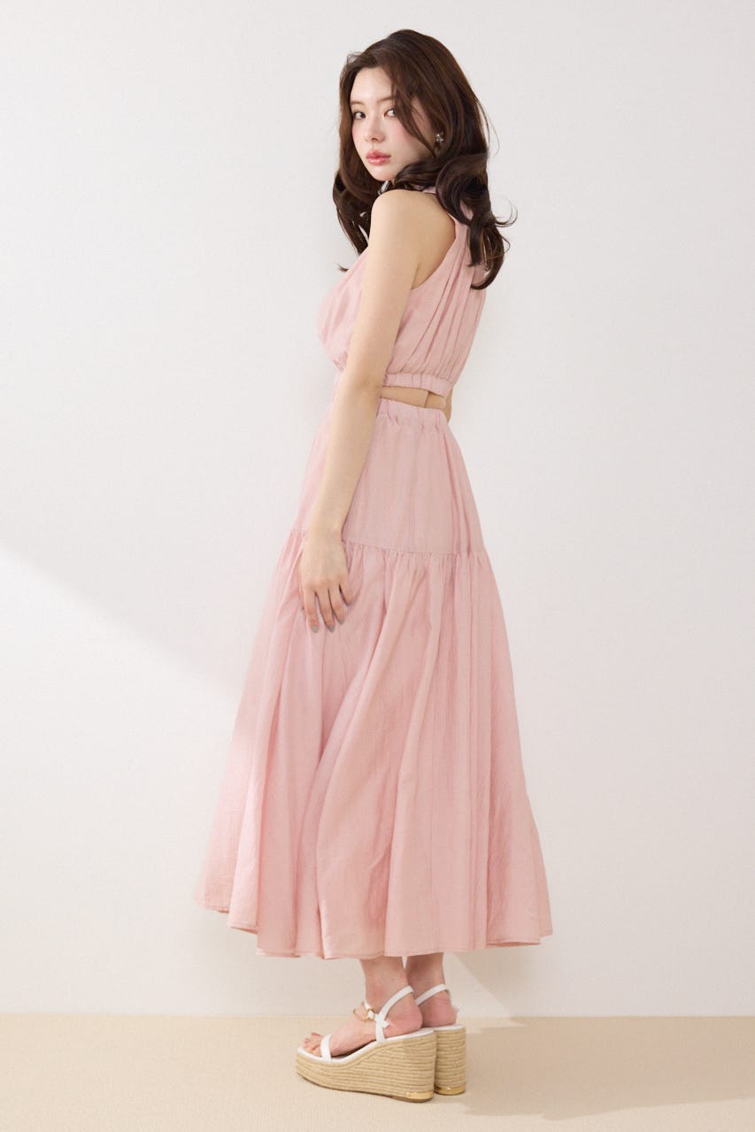 【女神ワンピース】ホルターネックギャザーフレアワンピース PNK S