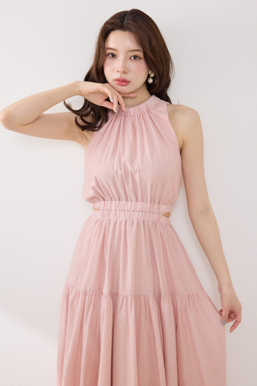 【女神ワンピース】ホルターネックギャザーフレアワンピース PNK S