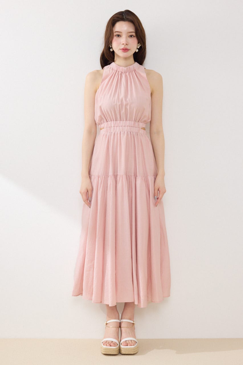 【女神ワンピース】ホルターネックギャザーフレアワンピース PNK S
