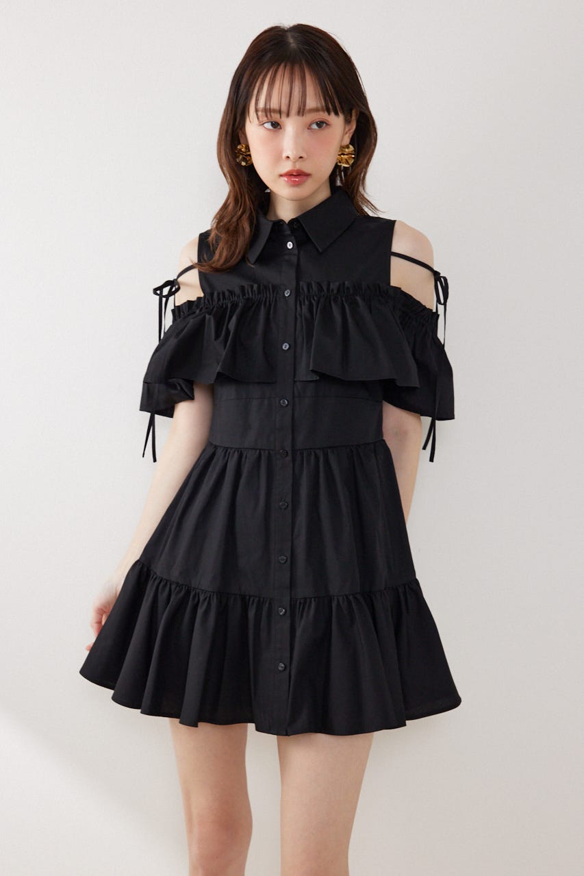 オフショルフリルティアードミニワンピース BLK M