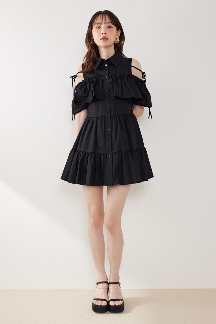 オフショルフリルティアードミニワンピース BLK M