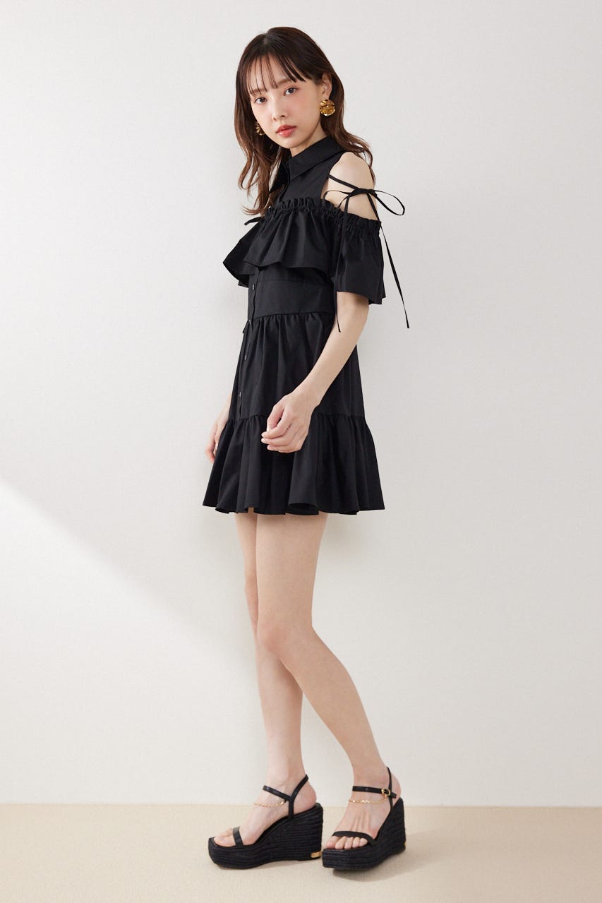 オフショルフリルティアードミニワンピース BLK M