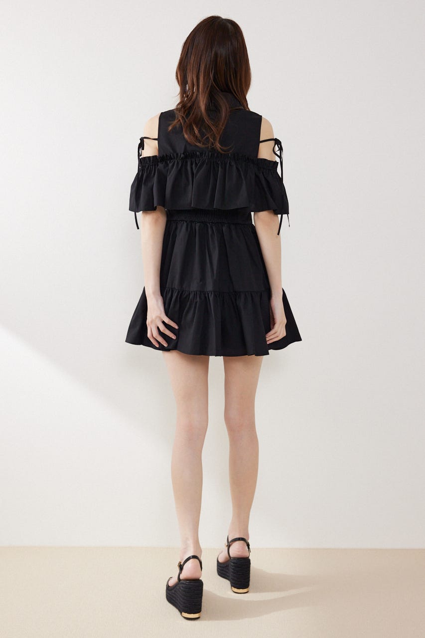 オフショルフリルティアードミニワンピース BLK M