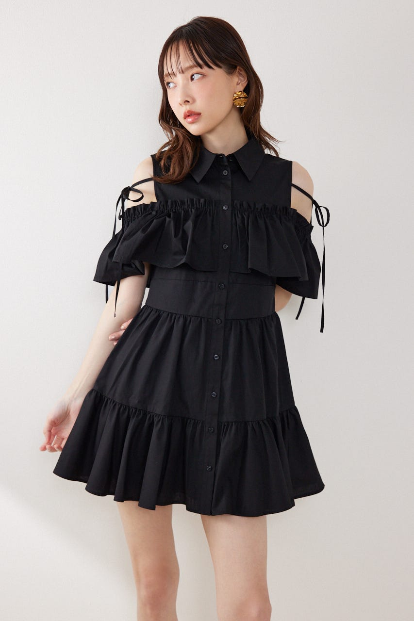 オフショルフリルティアードミニワンピース BLK M