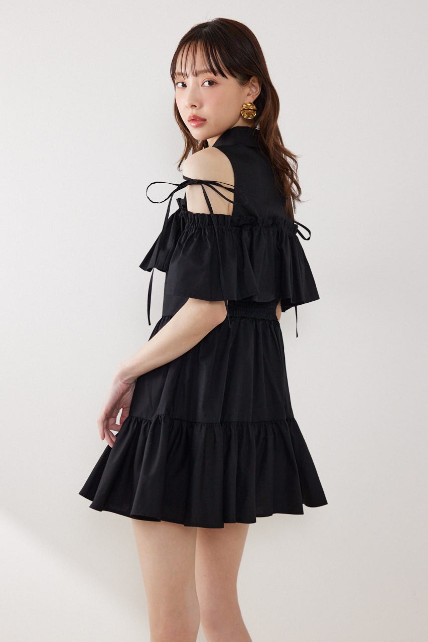 オフショルフリルティアードミニワンピース BLK M