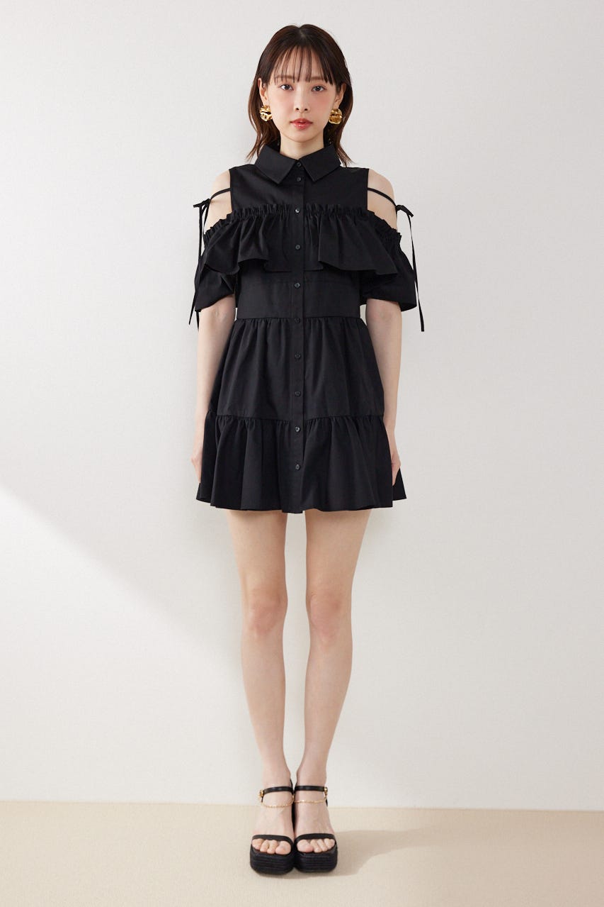 オフショルフリルティアードミニワンピース BLK M