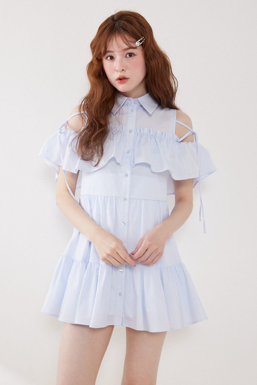 オフショルフリルティアードミニワンピース L/BLU S