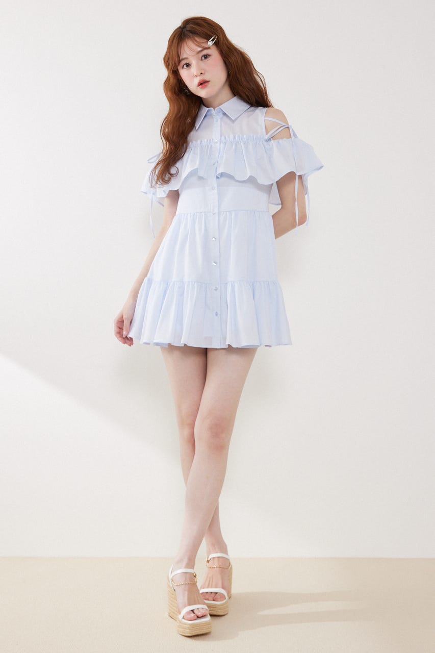 オフショルフリルティアードミニワンピース L/BLU S