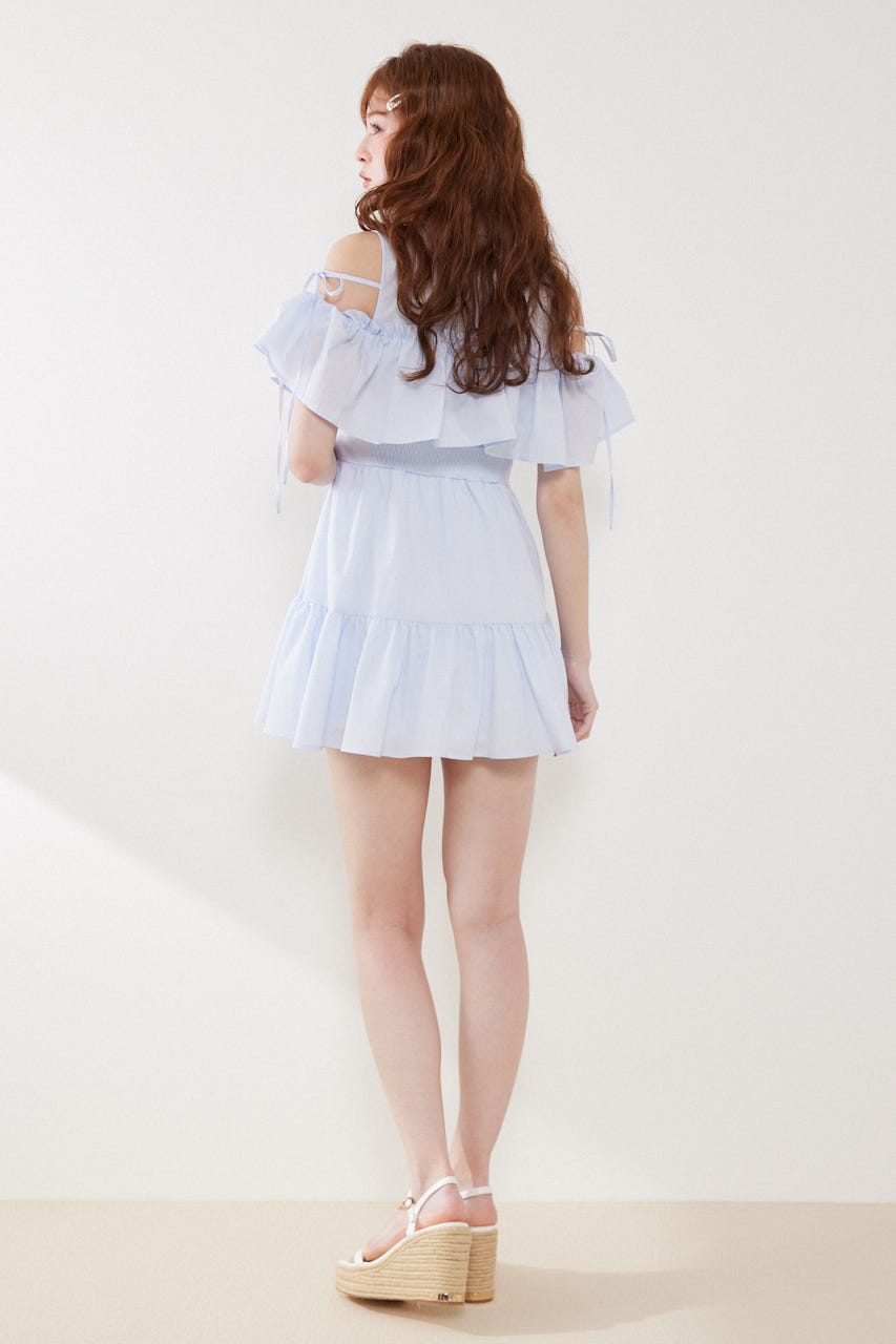 オフショルフリルティアードミニワンピース L/BLU S