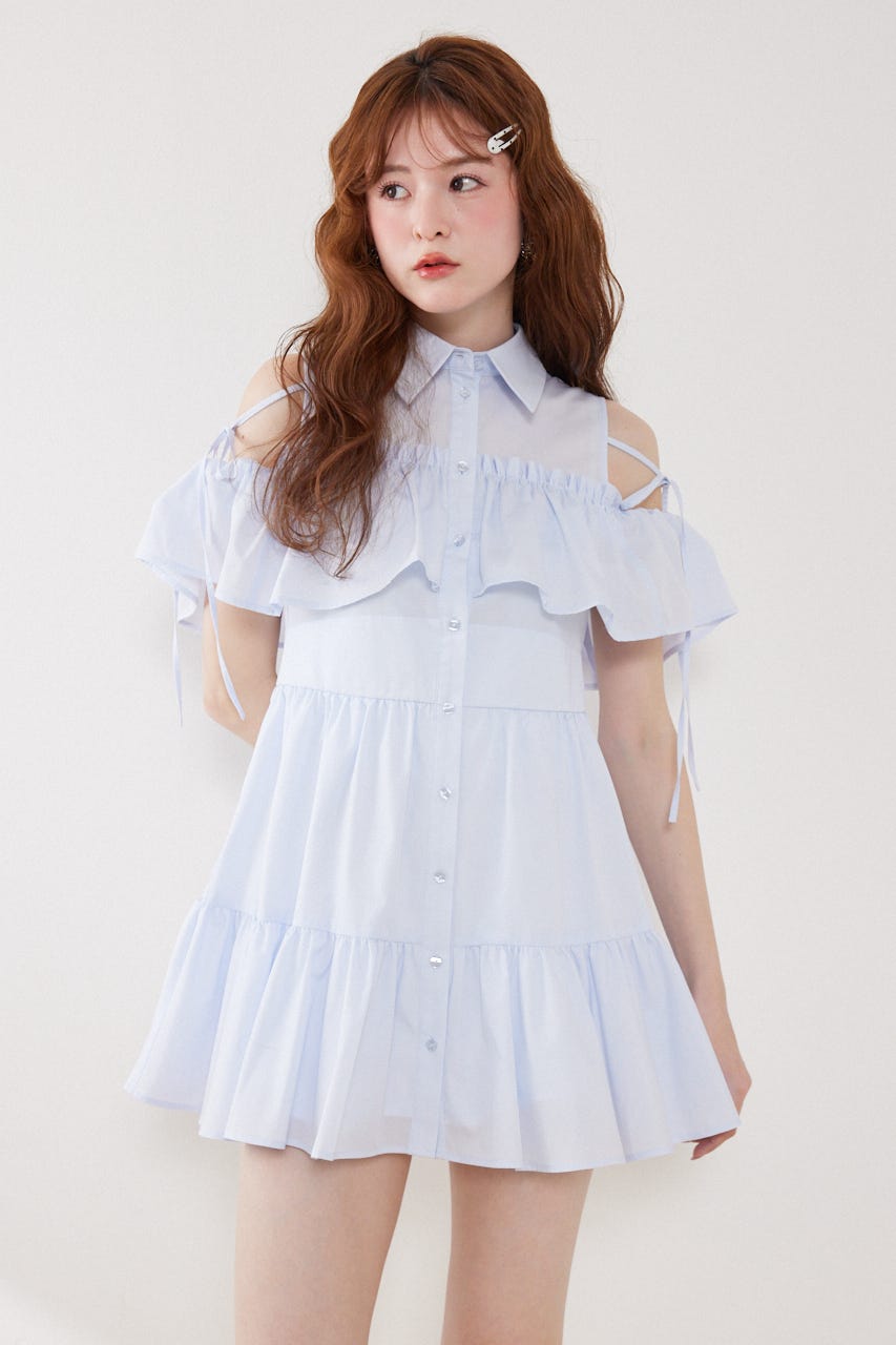 オフショルフリルティアードミニワンピース L/BLU S