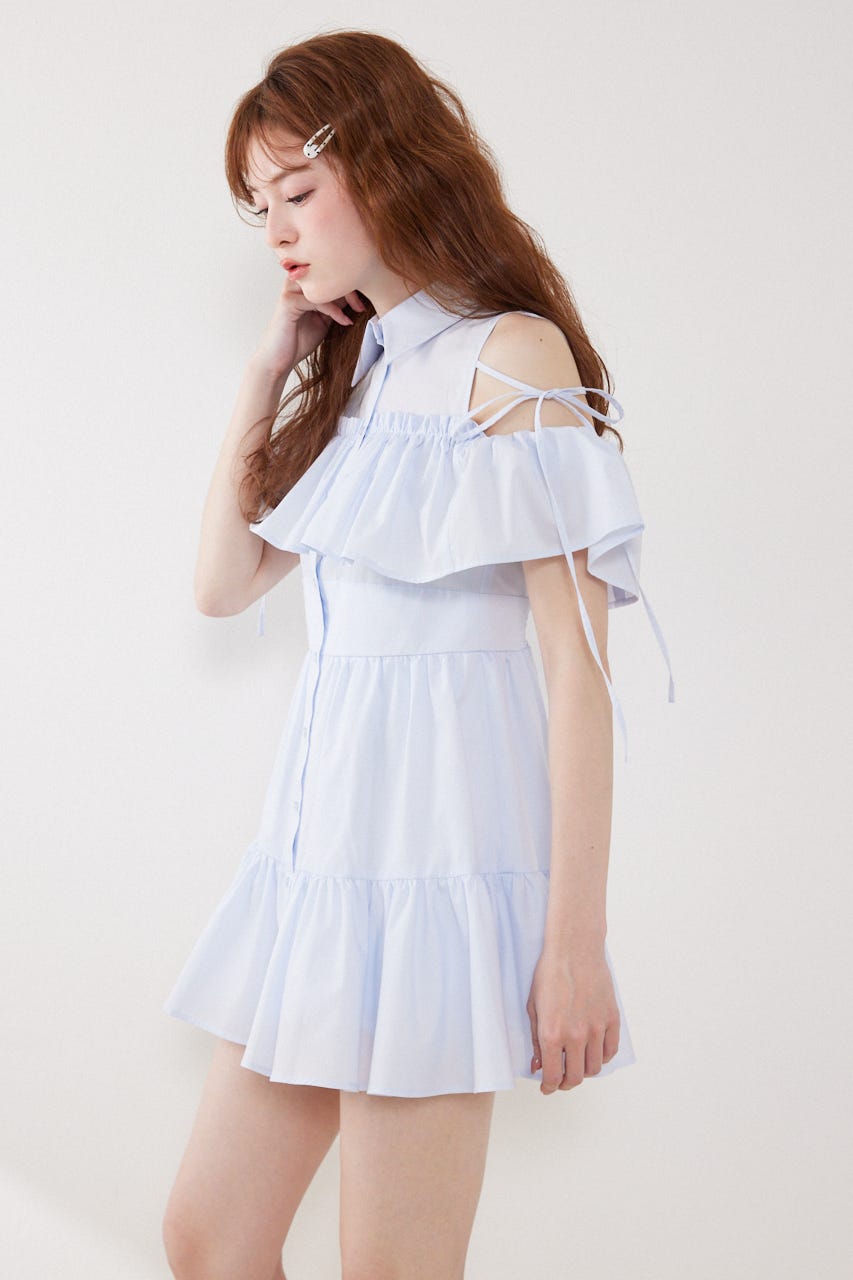 オフショルフリルティアードミニワンピース L/BLU S