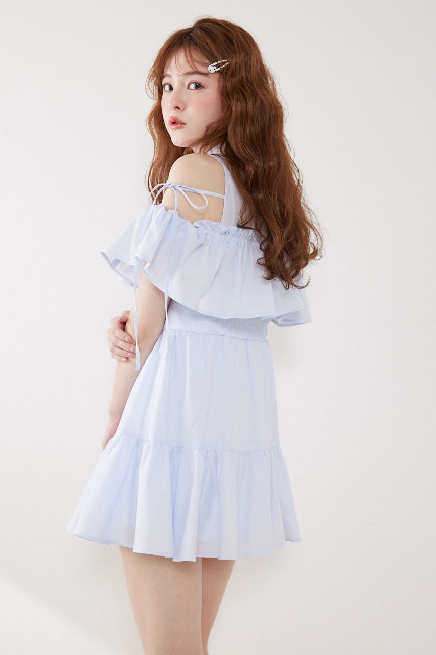 オフショルフリルティアードミニワンピース L/BLU S