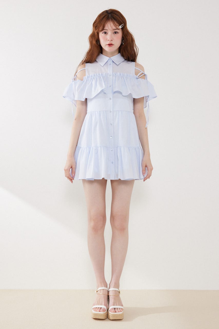 オフショルフリルティアードミニワンピース L/BLU S