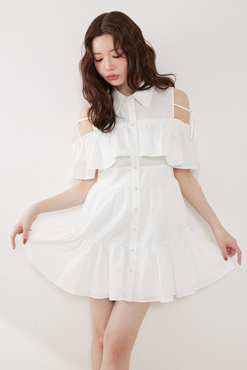 オフショルフリルティアードミニワンピース WHT S