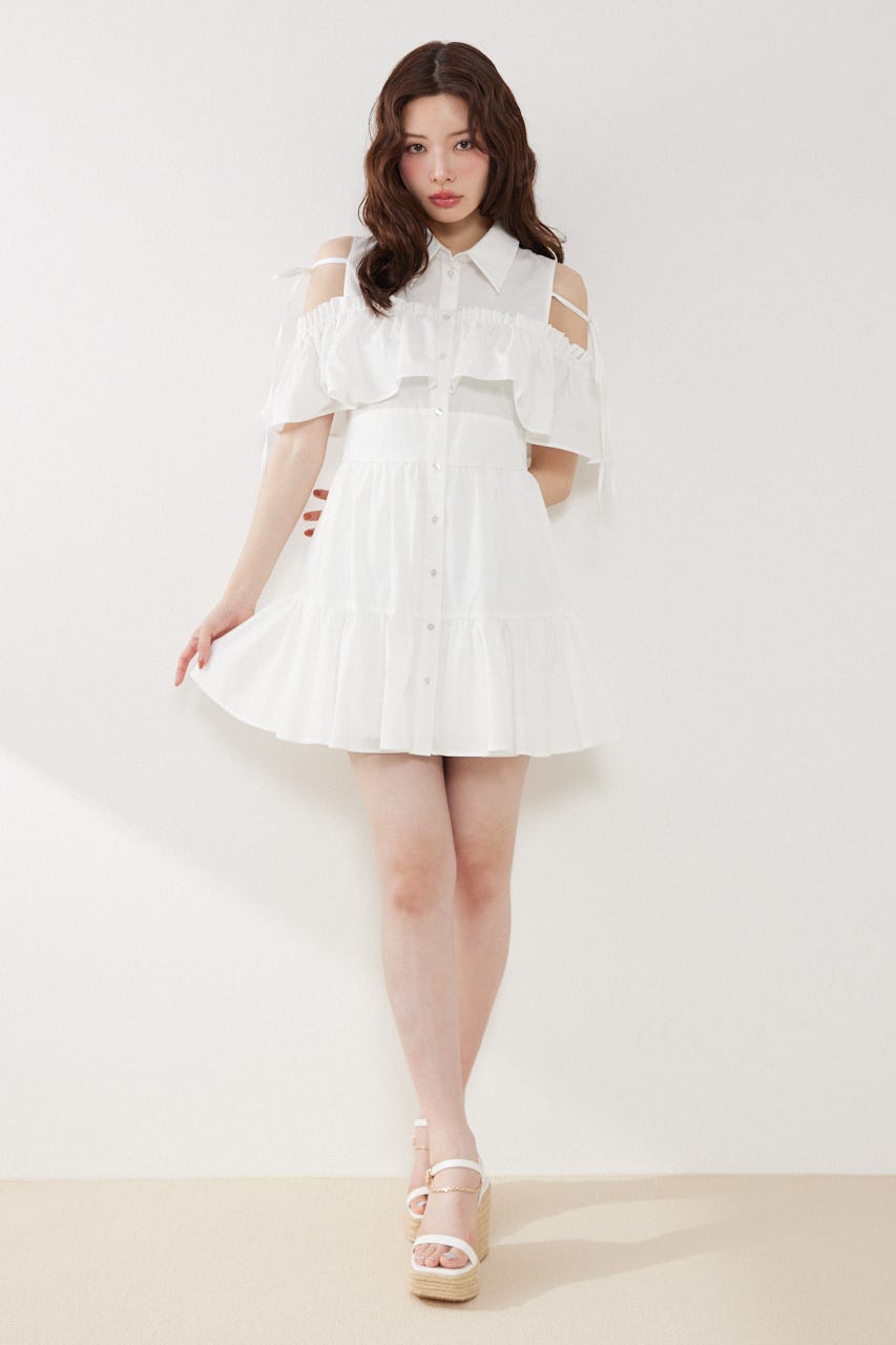 オフショルフリルティアードミニワンピース WHT S