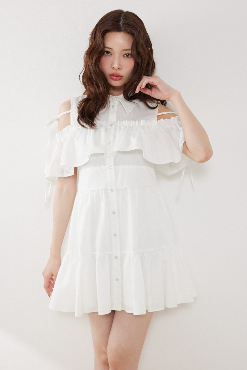 オフショルフリルティアードミニワンピース WHT S