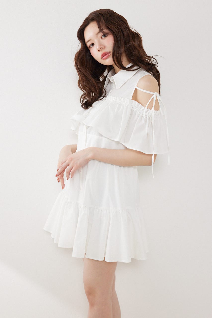 オフショルフリルティアードミニワンピース WHT S