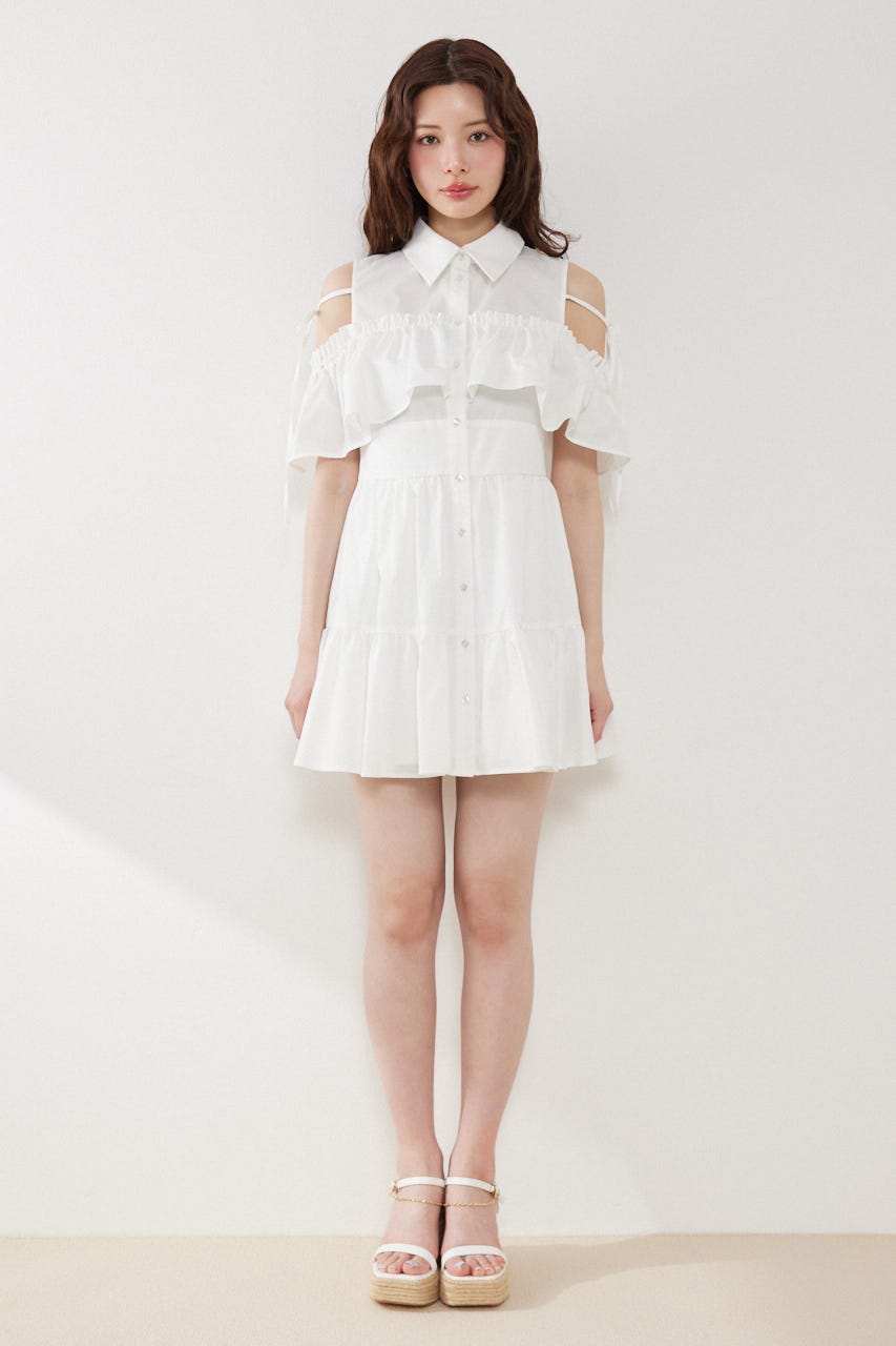 オフショルフリルティアードミニワンピース WHT S