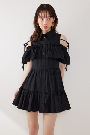 オフショルフリルティアードミニワンピース
