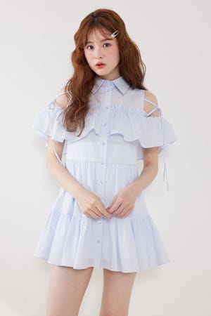 オフショルフリルティアードミニワンピース