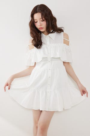 オフショルフリルティアードミニワンピース
