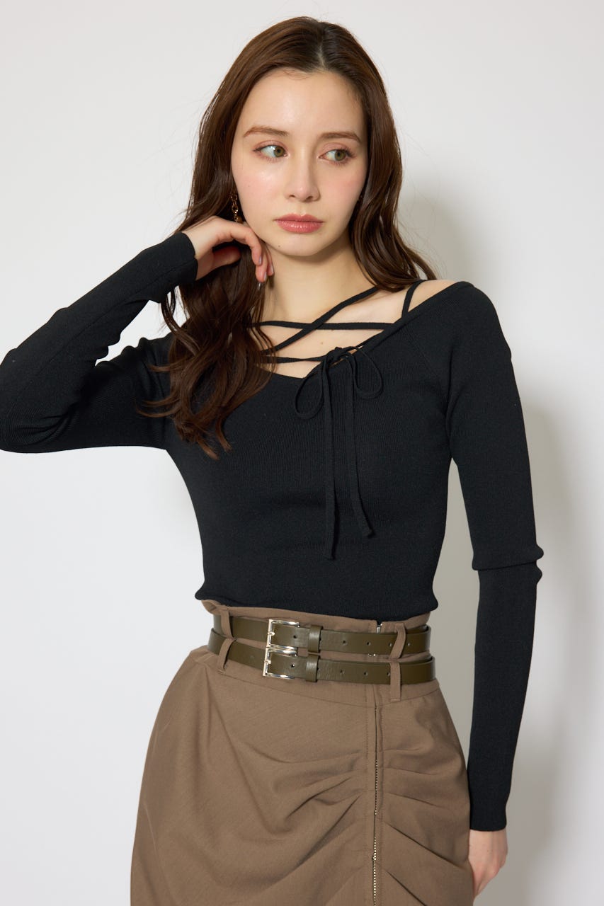 ストリングタイトニットトップス BLK FREE