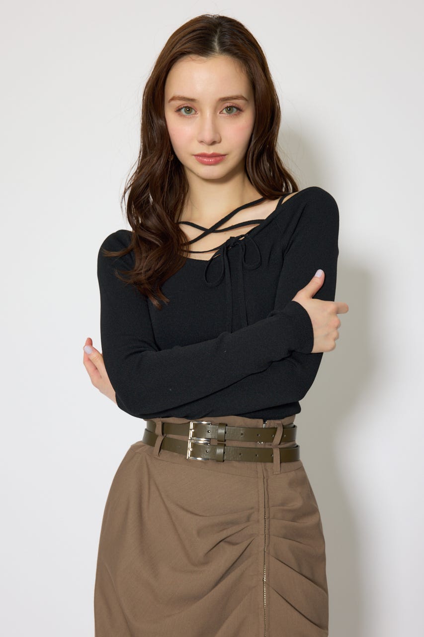 ストリングタイトニットトップス BLK FREE