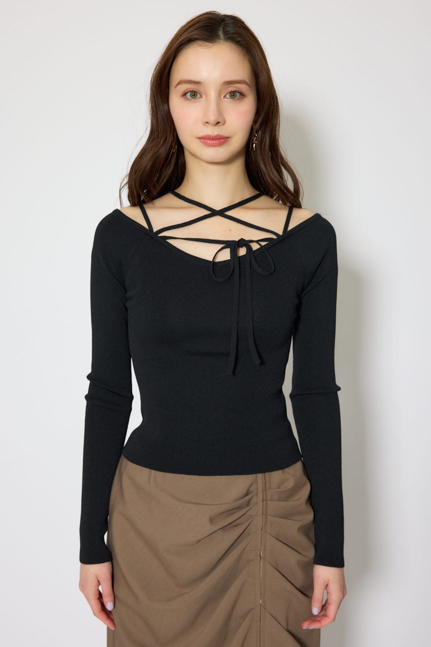 ストリングタイトニットトップス BLK FREE