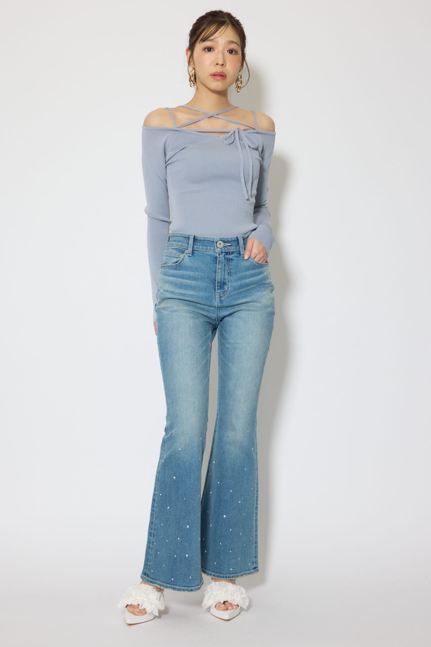 ストリングタイトニットトップス L/BLU FREE