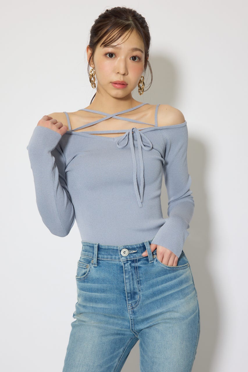 ストリングタイトニットトップス L/BLU FREE