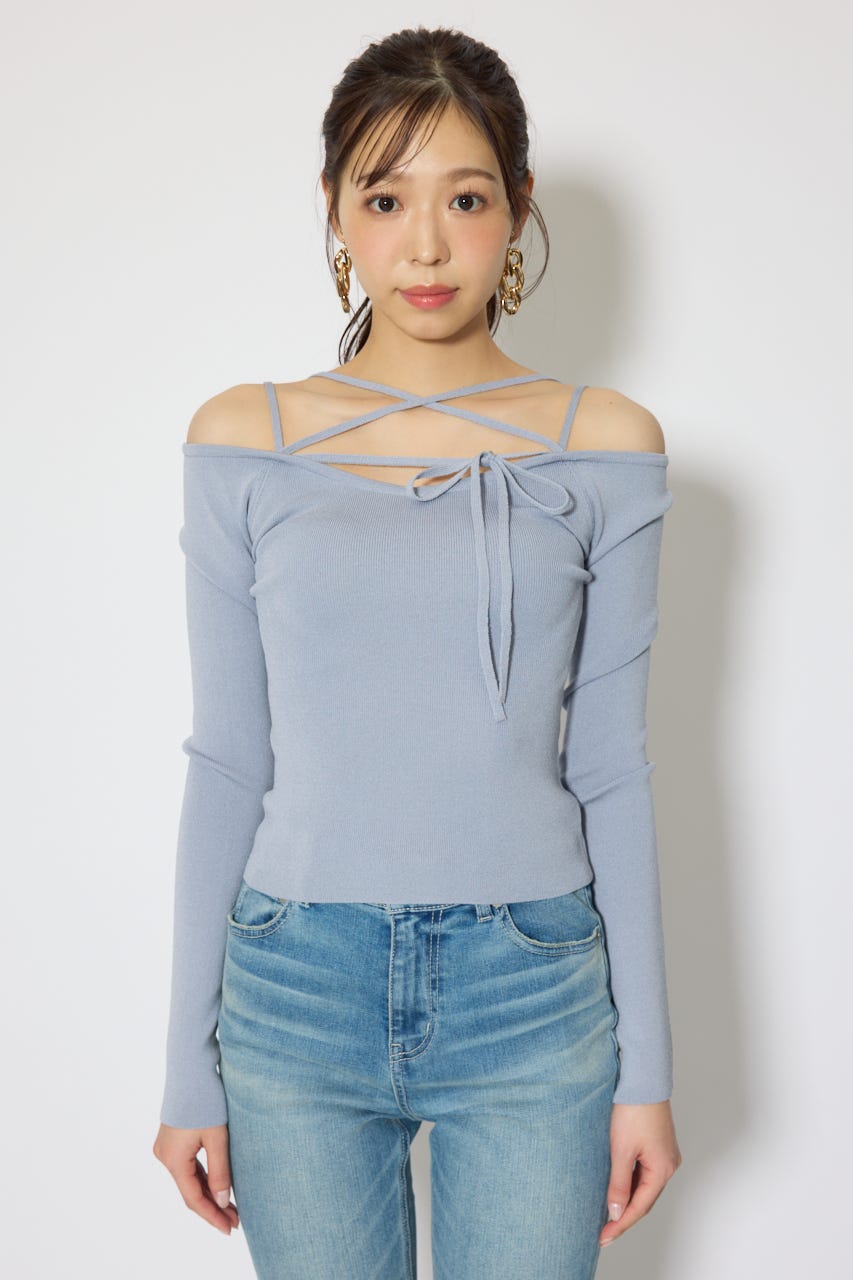 ストリングタイトニットトップス L/BLU FREE