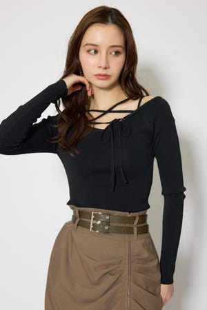 ストリングタイトニットトップス