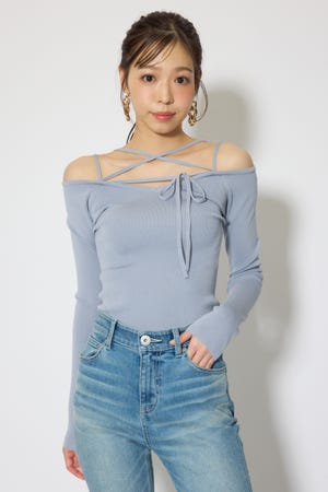 ストリングタイトニットトップス