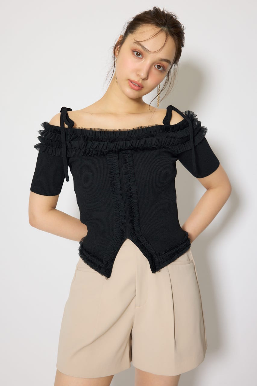 オフショルフリルニットトップス BLK FREE