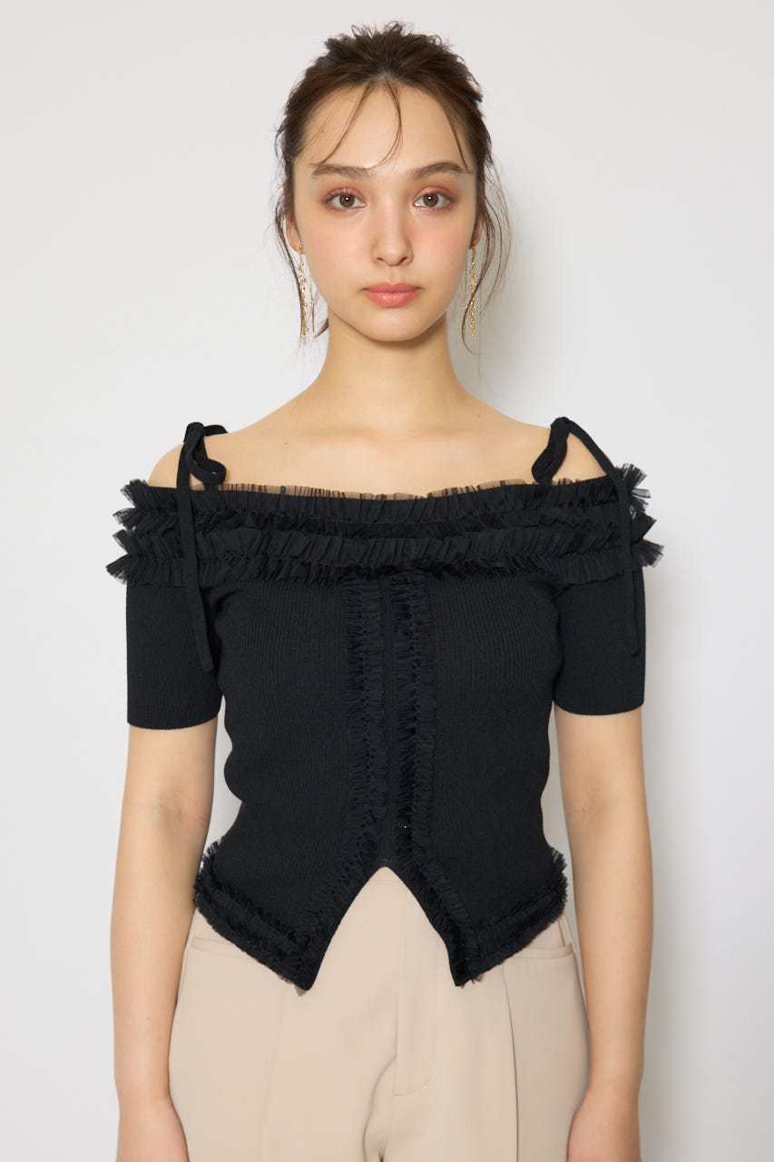 オフショルフリルニットトップス BLK FREE