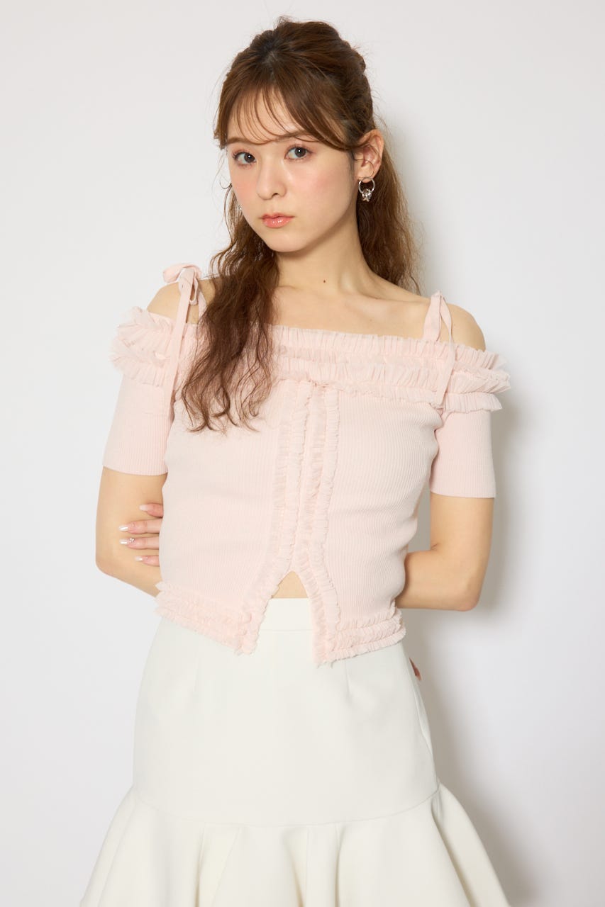 オフショルフリルニットトップス L/PNK FREE