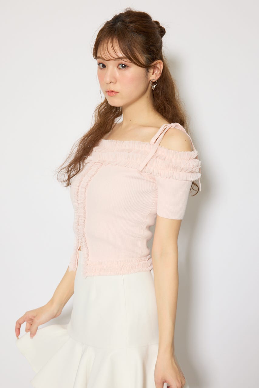 オフショルフリルニットトップス L/PNK FREE