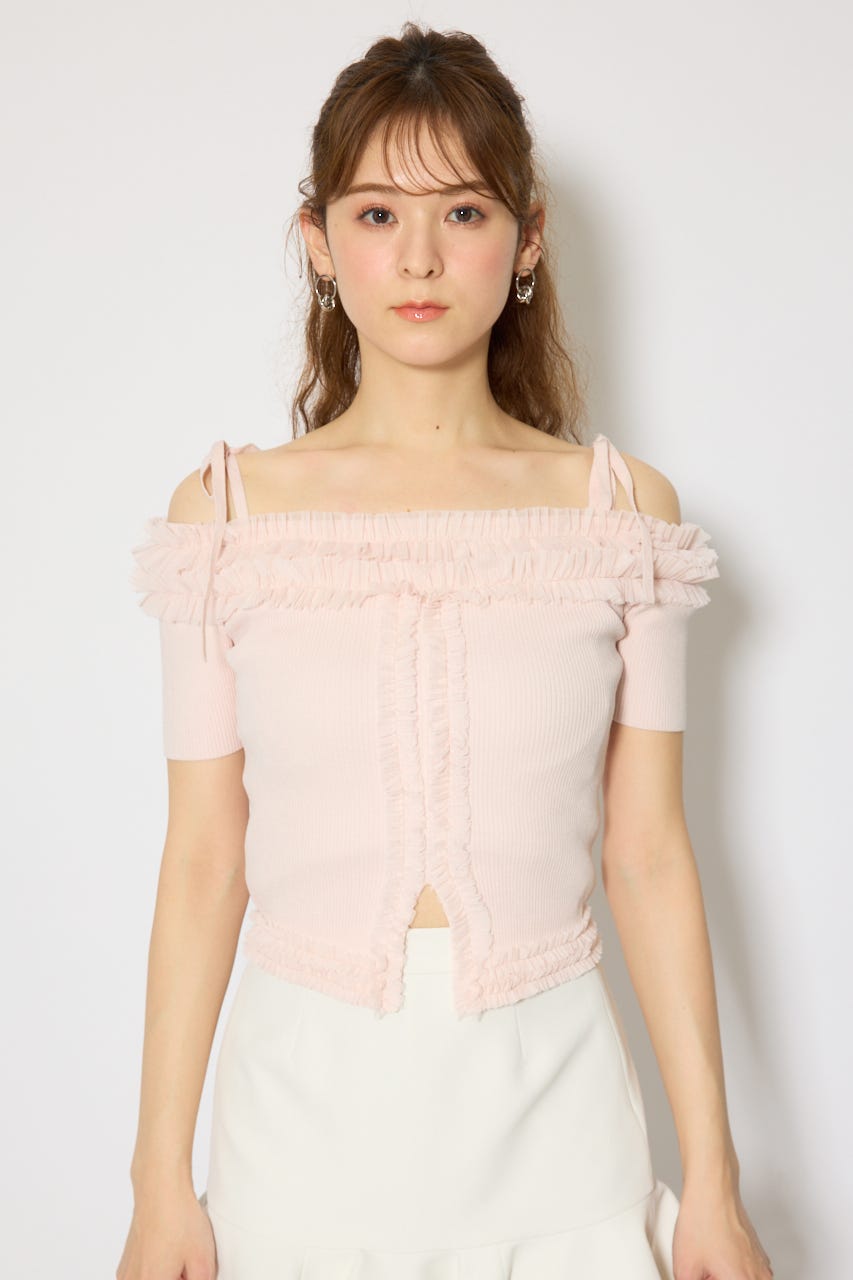 オフショルフリルニットトップス L/PNK FREE